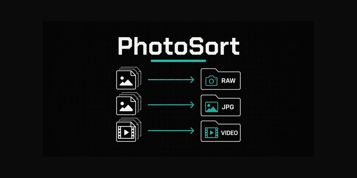 PhotoSort brand graphic showing files sorted into RAW, JPG, and VIDEO